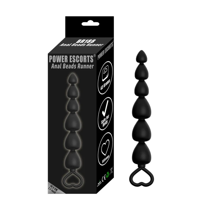 Koraliki analne Plug-Power Escorts z silikonu, długość 18,5 cm, czarne, bezpieczne