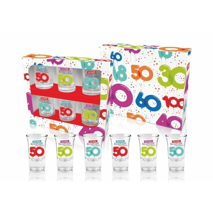 Zestaw 6 kieliszków urodzinowych 35 ml z grafiką na 50 urodziny, szklane
