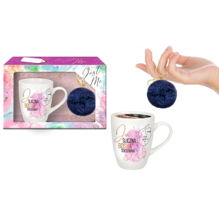 Kubek baryłka 300ml z pomponem granatowym - tekst "Ja śliczna, boska, seksowna"