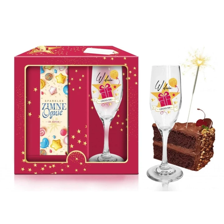 Zestaw do świętowania urodzin - kieliszek do szampana z napisem + zimne ognie