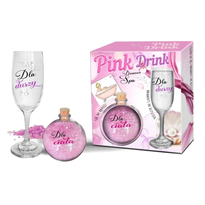 Zestaw prezentowy PINK DRINK - kieliszek do szampana i relaksująca sól do kąpieli