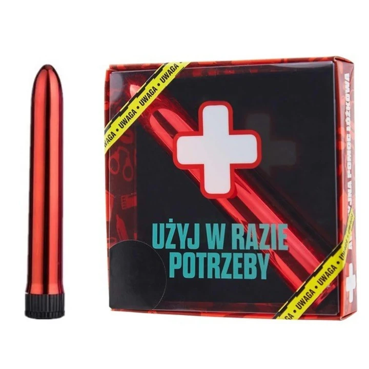 Wibrator awaryjny w kolorze czerwonym z eleganckim opakowaniem przypominającym apteczkę