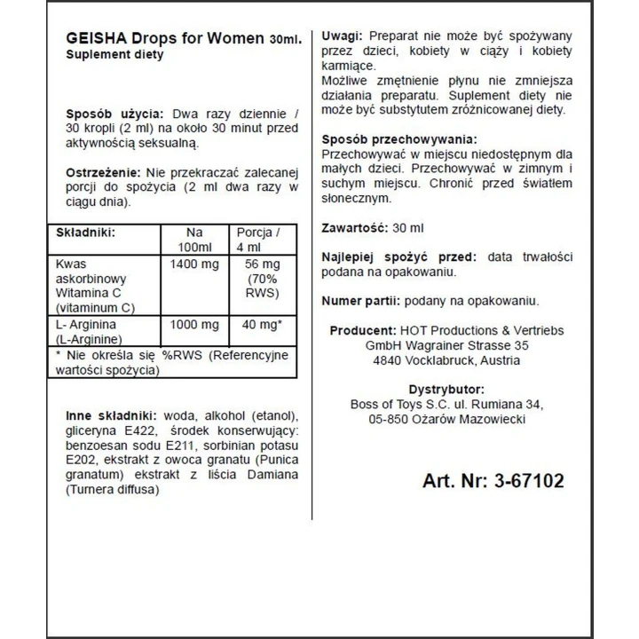 Afrodyzjakowe krople Shiatsu GEISHA dla kobiet 30ml – zwiększający libido i przyjemność
