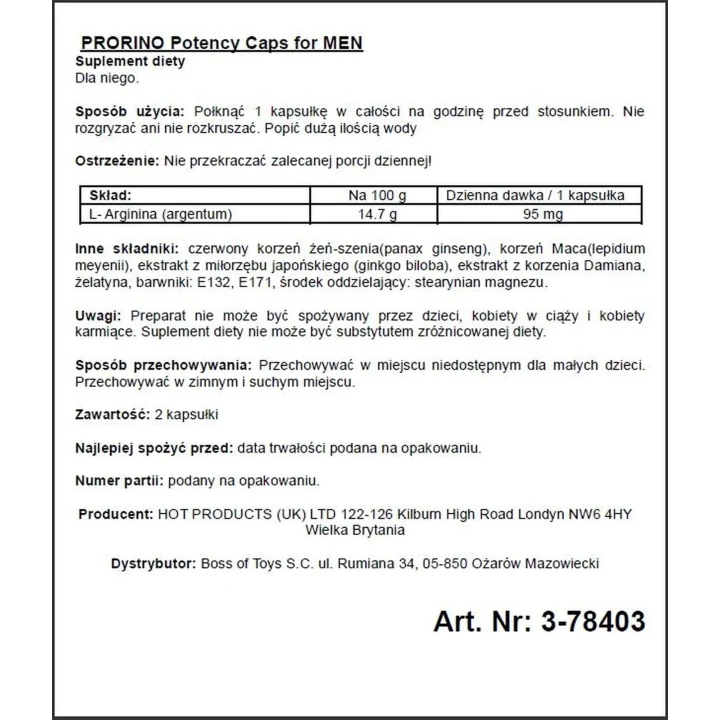 Suplement diety PRORINO Men - Kapsułki na potencję, 2 sztuki, czarne, naturalne składniki