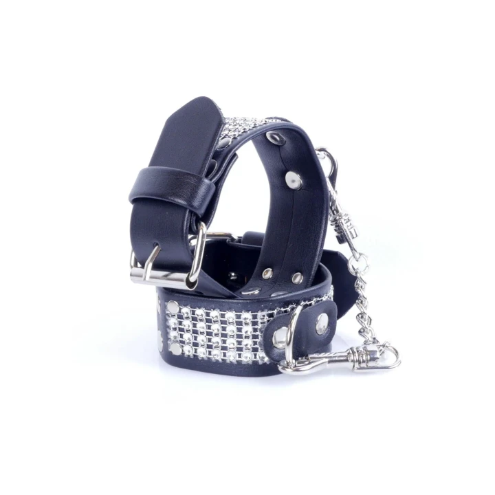 Mankiety BDSM Fetish B - z kryształami, srebrne, regulowane 18-22 cm, imitacja skóry