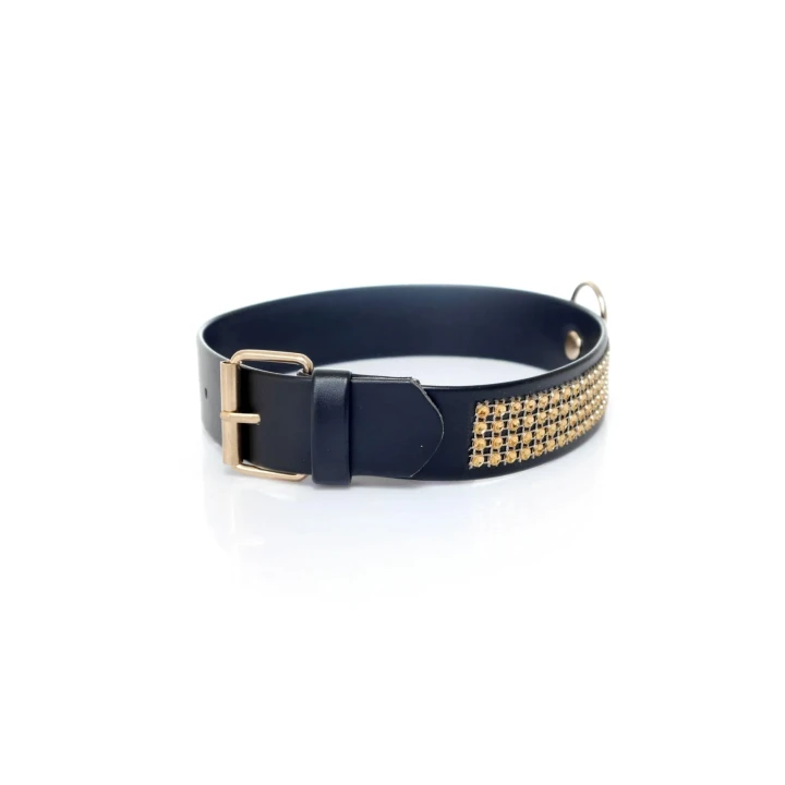 Obroża fetyszyczna z kryształkami, 3 cm, regulacja 36-42 cm, złota, ekologiczna skóra