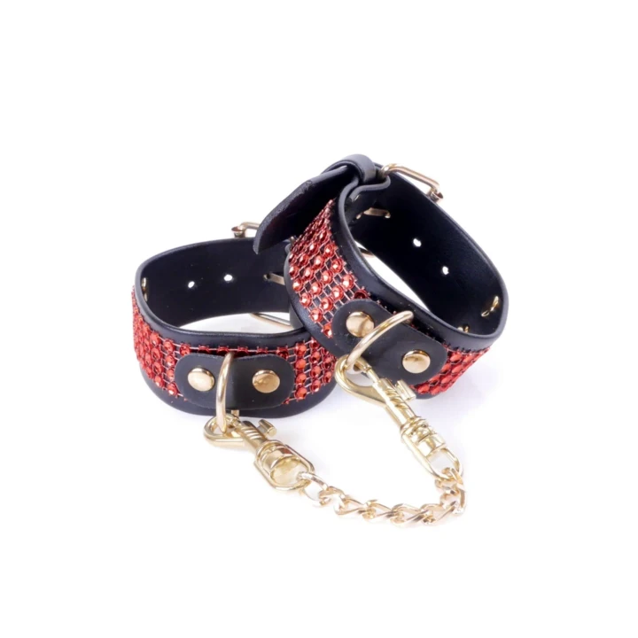 Mankiety do gier w niewolę Fetish B z kryształami, 3 cm, czerwony, regulowane 18-22 cm