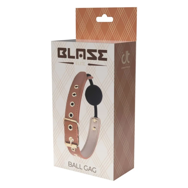 Gag BDSM BLAZE ELITE z piłką, regulowany z PU skórą, cognac, silikonowy, 4,7 cm