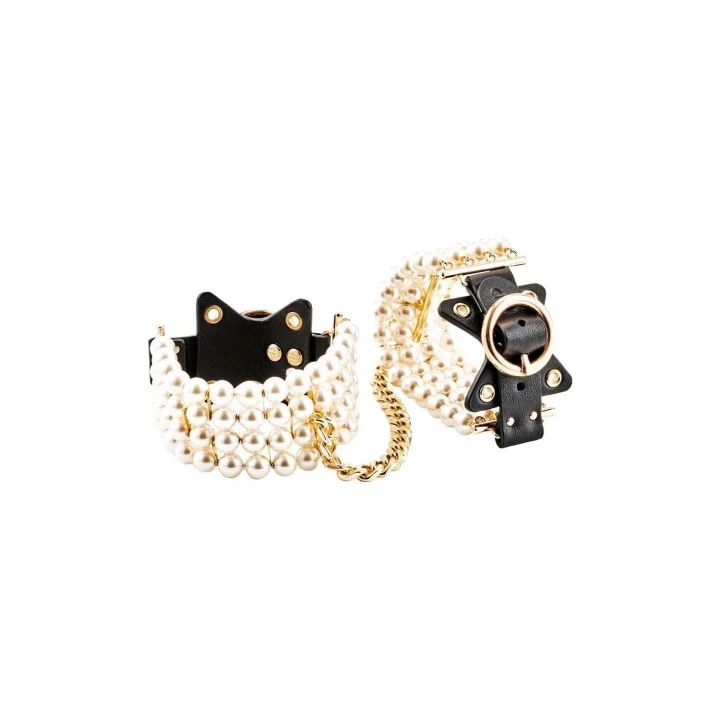 Eleganckie kajdanki z perłowym wykończeniem i regulowanymi paskami skórzanymi