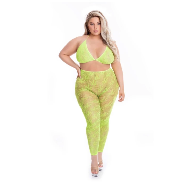 Komplet bielizny plus size All About Leaf z ażurowym stanikiem i rajstopami, zielony
