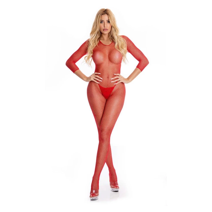 Bodystocking z otwartym krokiem, przezroczysty, czerwony, rozmiar M/L
