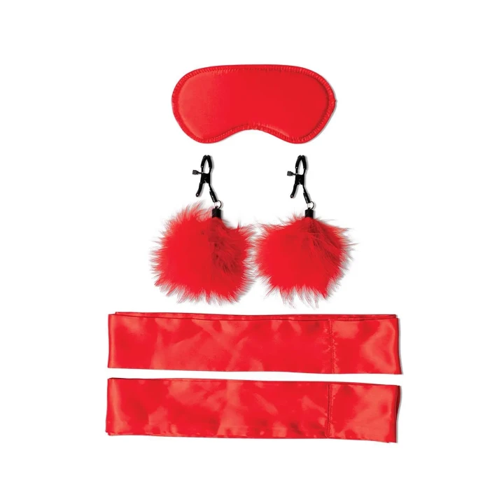 Zestaw do bondage dla początkujących z satynowymi restrykcjami i zaciskami na sutki