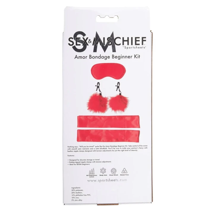 Zestaw do bondage dla początkujących z satynowymi restrykcjami i zaciskami na sutki