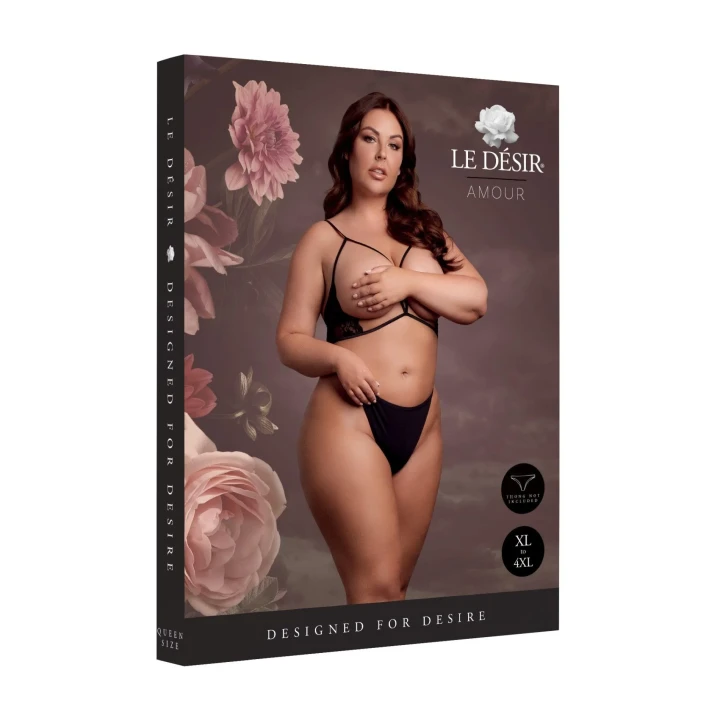 Trójkątny biustonosz z otwartymi miseczkami, koronką, regulowanym ramiączkiem - Plus Size - Czarny