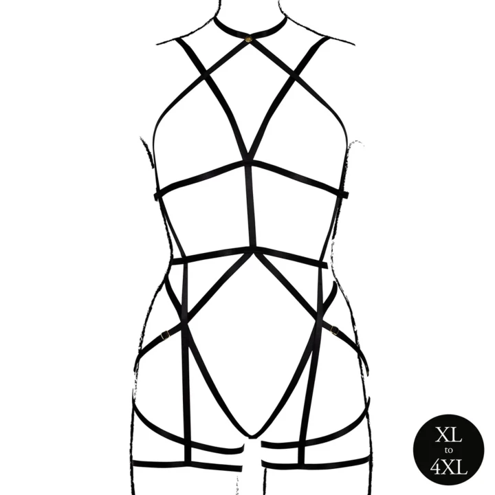 Seksowny body harness z otwartymi miseczkami i paskami do pończoch - Plus Size - Czarny