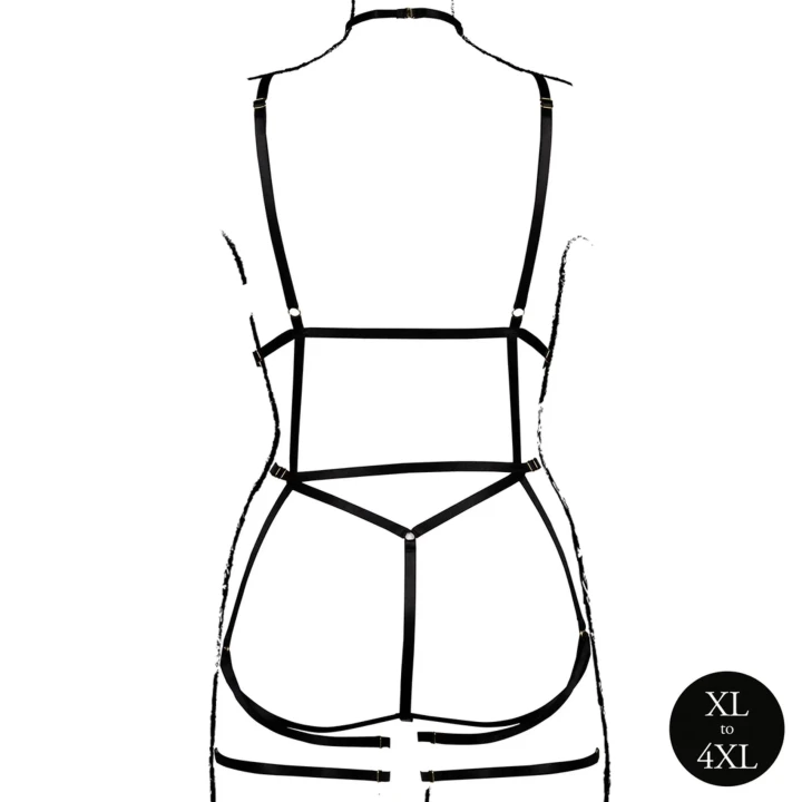 Seksowny body harness z otwartymi miseczkami i paskami do pończoch - Plus Size - Czarny