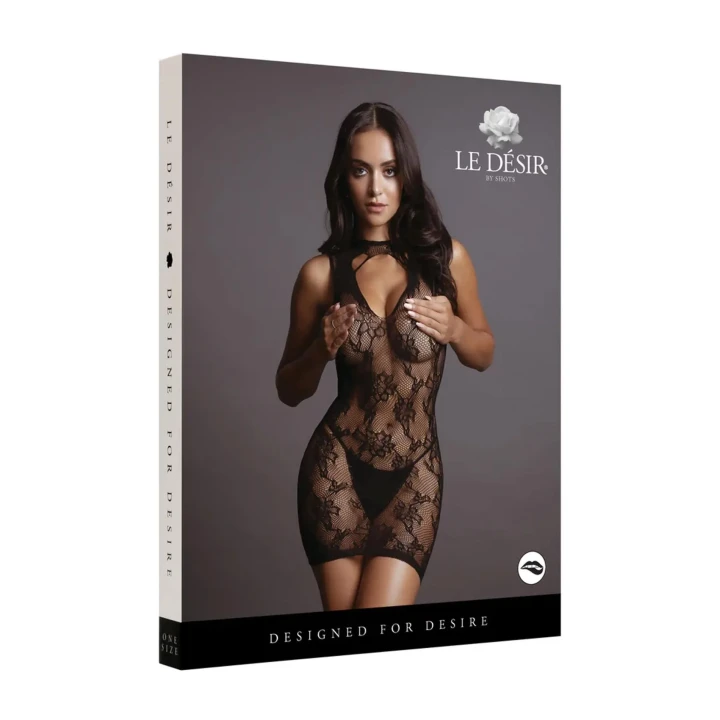 Koronkowa mini sukienka z wysokim dekoltem - One Size, elastyczny materiał, elegancka