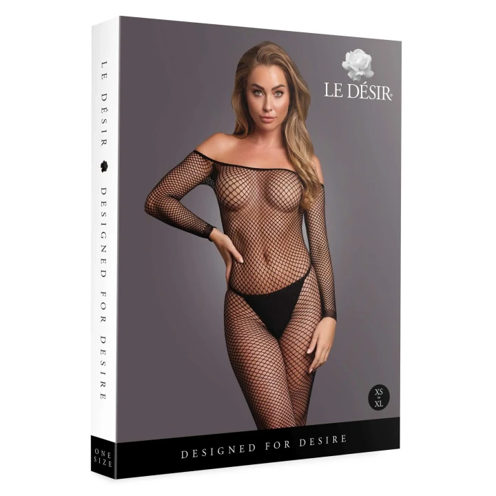 Bodystocking off-shoulder, siateczkowy z otwartym krokiem, elastyczny nylon/spandex