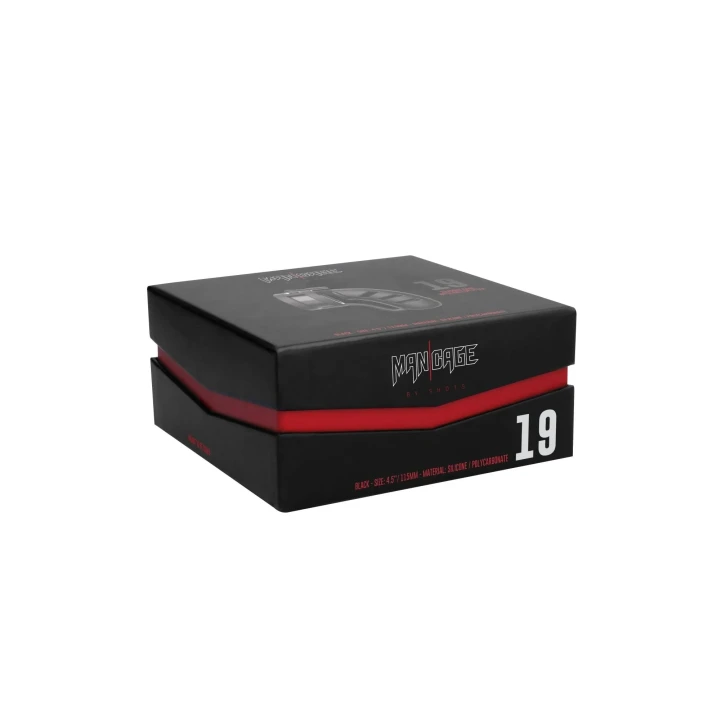 Urządzenie BDSM Model 19 - Klatka Chastity 4.5" z silikonu, czarne, z ballstrapem