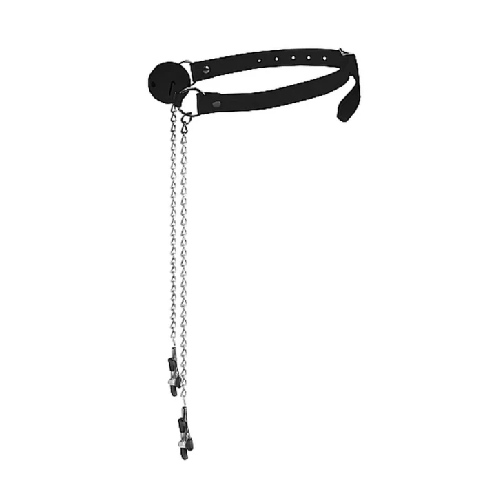 Knebel z piłką i klamerkami na sutki - skórzany zestaw BDSM, regulowany, czarny