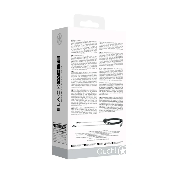 Knebel z piłką i klamerkami na sutki, oddychający, skórzany, z regulacją intensywności