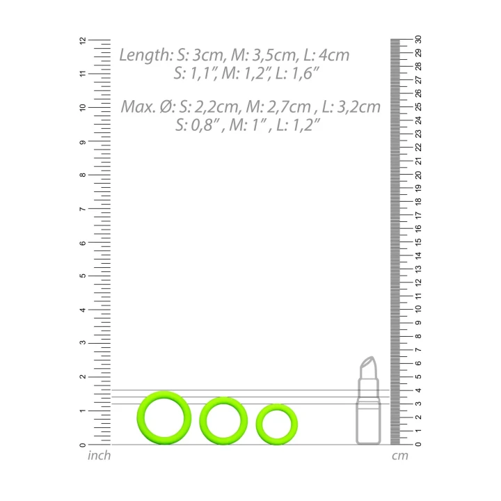 Zestaw 3 pierścieni na penisa - fluorescencyjny, neonowy zielony, komfortowe rozmiary