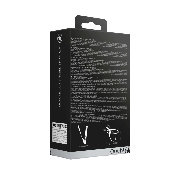 Podwójny silikonowy strap-on z rowkowanym wykończeniem - regulowany, czarny