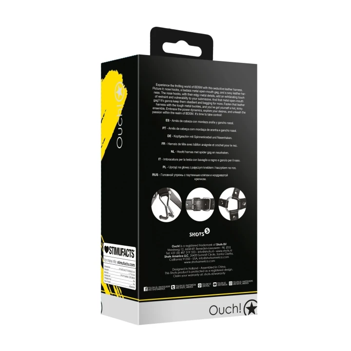 Uprząż głowy z kneblem spider i haczykami na nos - skóra PU, regulowana, czarna