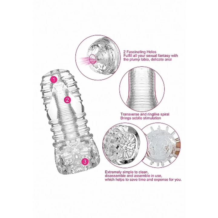 Masturbator No. 68, przezroczysty, erotyczny stymulator z wypustkami, 15 cm długości