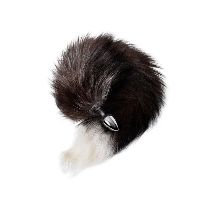 Srebrny korek analny z puszystym ogonem lisa, długość 45 cm, metalowy