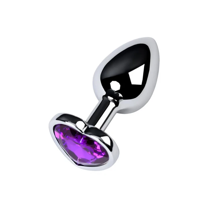 Srebrny korek analny dla początkujących z fioletowym sercem, 2,7 cm x 7 cm