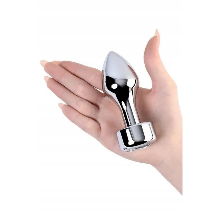 Korek analny z metalu TOYFA z białym kryształkiem, długość 10,8 cm