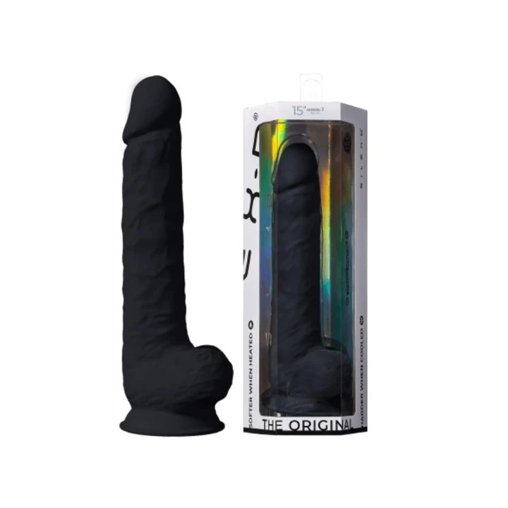 Hiperrealistyczne dildo XXL z przyssawką, 15", silikonowe, czarne, elastyczne
