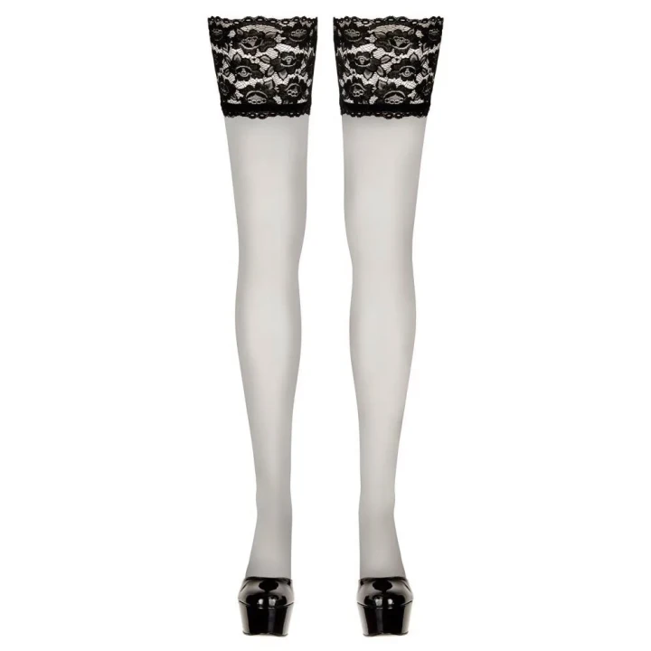 Pończochy samonośne z szeroką koronką, czarne, mikrofibra, 90% polyamid, 10% elastan