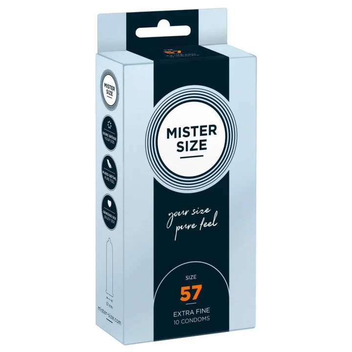 Prezerwatywy Mister Size 57 mm, ultra cienkie, pakowane po 10 sztuk.