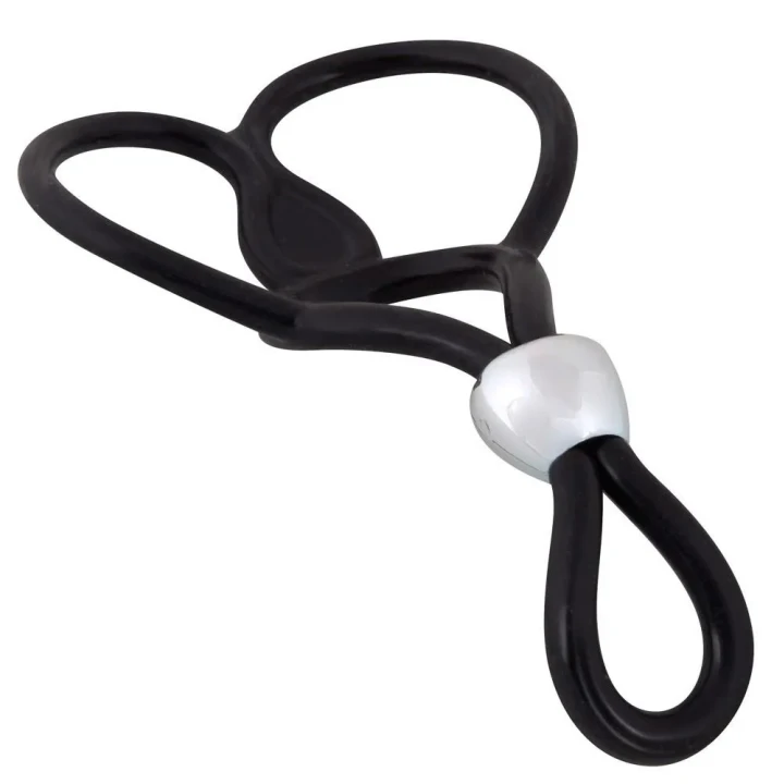 Pierścień erekcyjny z trzema kulkami, silikonowy, regulowany, czarny, długość 13 cm