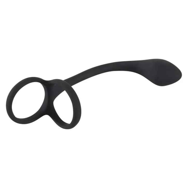 Pierścień erekcyjny 3 w 1 z korkiem analnym, silikonowy, czarny, 22,5 cm