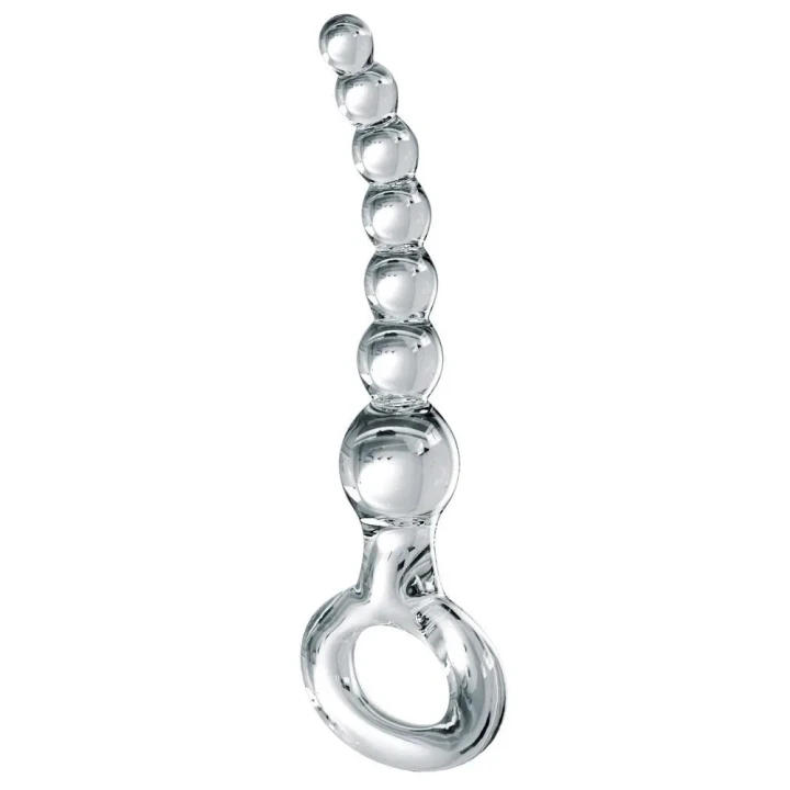 Zakrzywiony łańcuszek analny ze szkła, 7 kulistek, długość 21 cm, średnica 1,4-3,7 cm