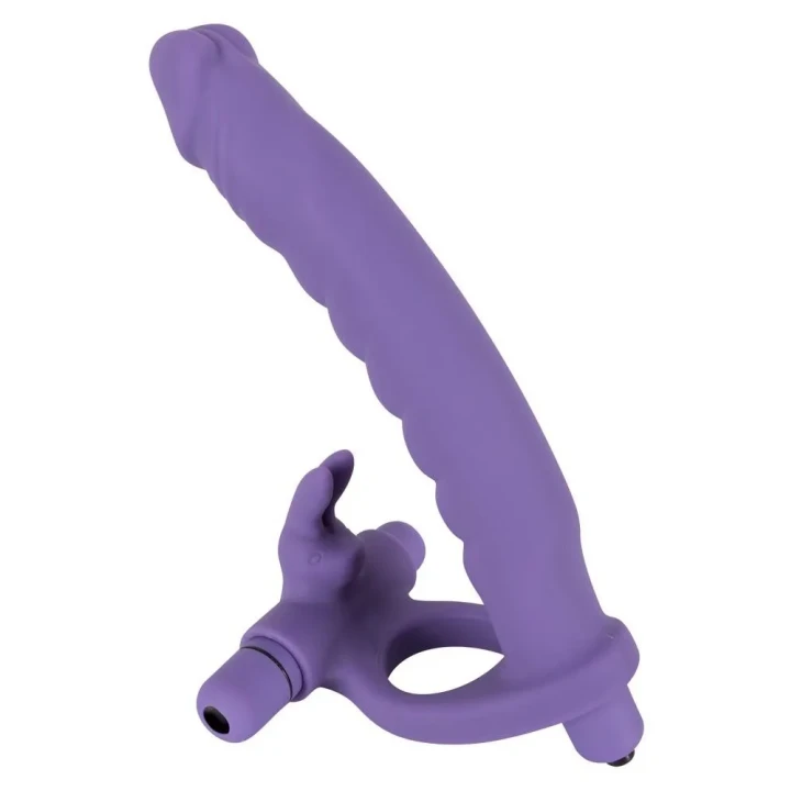 Wibrator strap-on z silikonowym dildo, stymulatorem łechtaczki, 16 cm, fioletowy