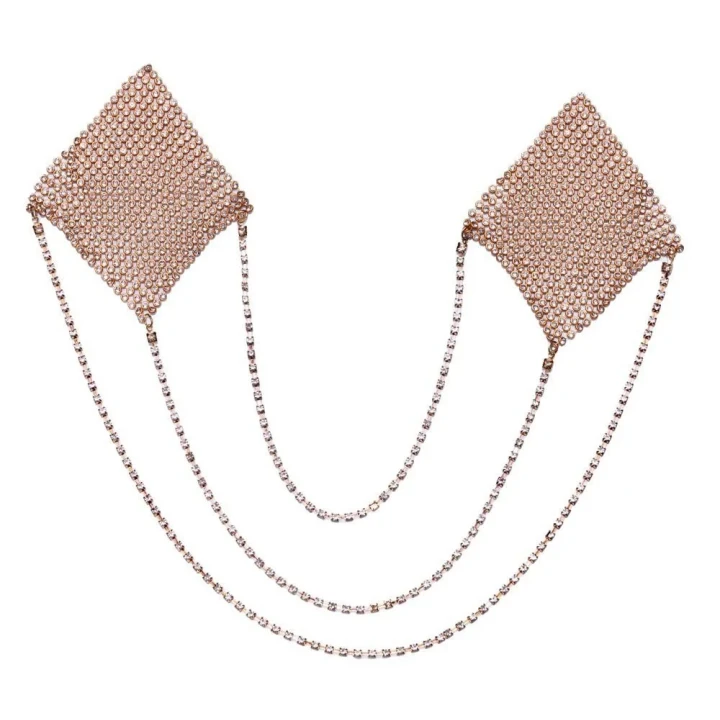 Złote naklejki na sutki z diamentowym wzorem i łańcuszkami, bio-adhesive, Cottelli ACCESSOIRES