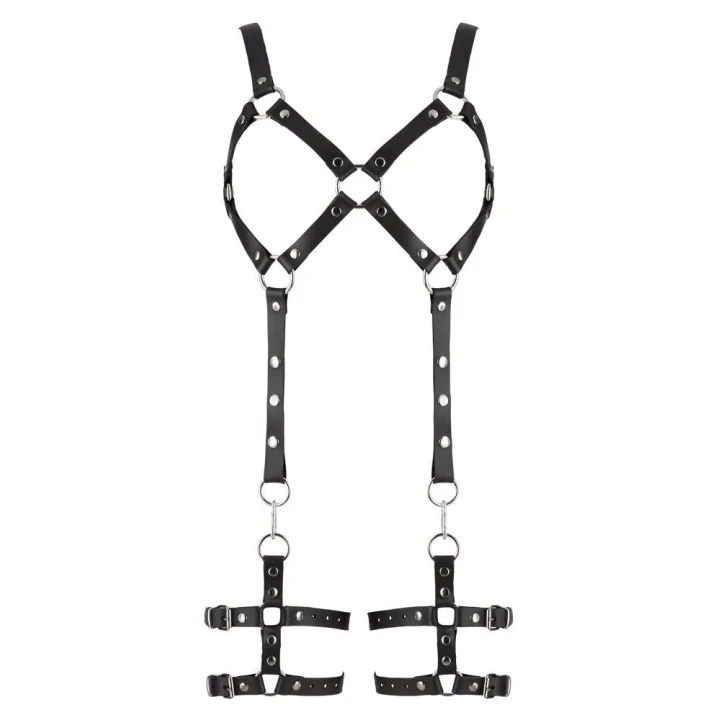 Skórzany harness do bondage L/XL z odpinanymi mankietami i metalowymi akcentami