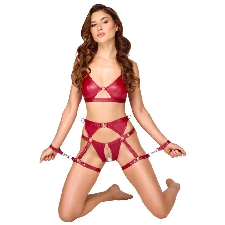 Zmysłowy zestaw bielizny bondage: biustonosz bez fiszbin XL, crotchless majtki z pasami