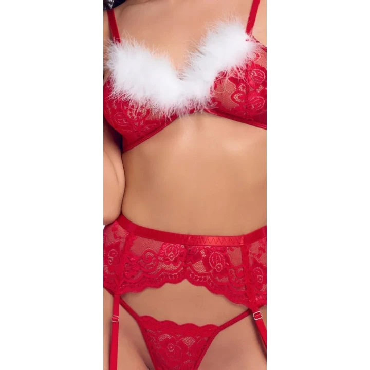 Elegancki zestaw bielizny świątecznej S/M: biustonosz, pas do pończoch, stringi w koronkowym wzorze