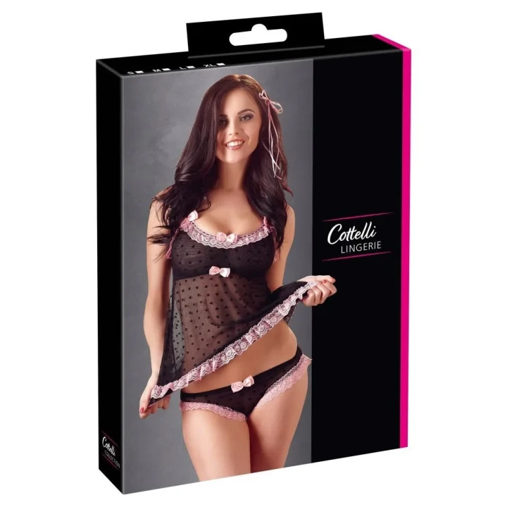 Zmysłowy kompletny zestaw bielizny: top i majtki S w czarnym, przezroczystym materiale z sercami