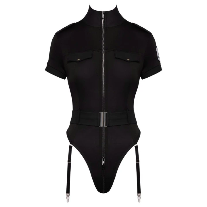 Body policyjne z regulowanymi szelkami, 3-kierunkowym zamkiem i błyszczącą powłoką