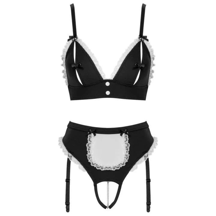 Zestaw bielizny pokojówki S z koronkowym gorsetem i regulowanymi paskami do pończoch