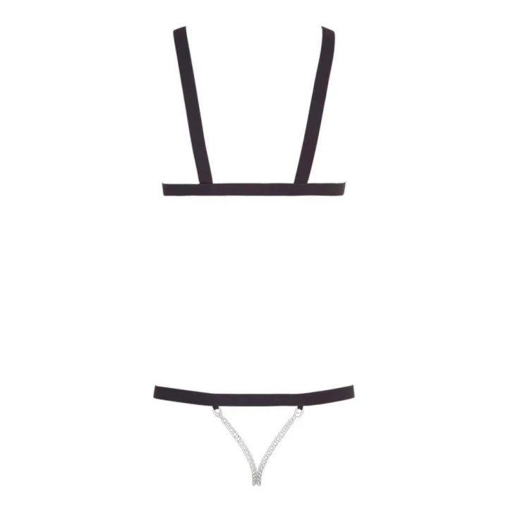 Bodystocking Bondage z paskami S-L z metalowymi łańcuchami, czarny, elastyczny materiał