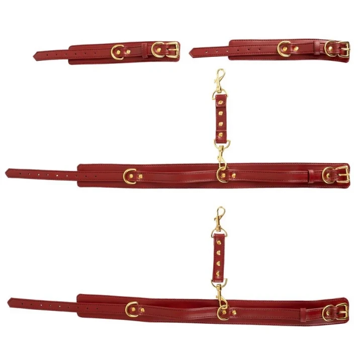 Kajdanki BDSM Bad Kitty do rąk i nóg, regulowane, imitacja skóry, czerwone z metalowymi akcentami