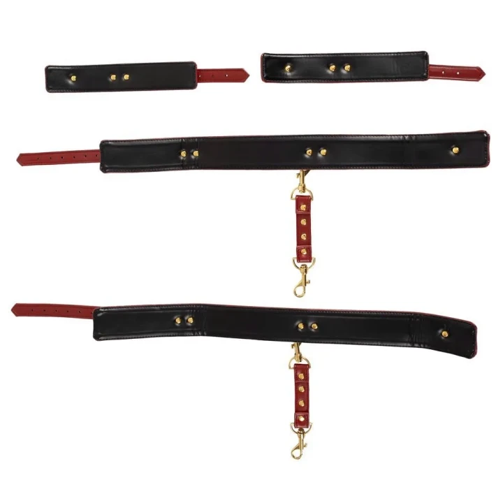 Kajdanki BDSM Bad Kitty do rąk i nóg, regulowane, imitacja skóry, czerwone z metalowymi akcentami