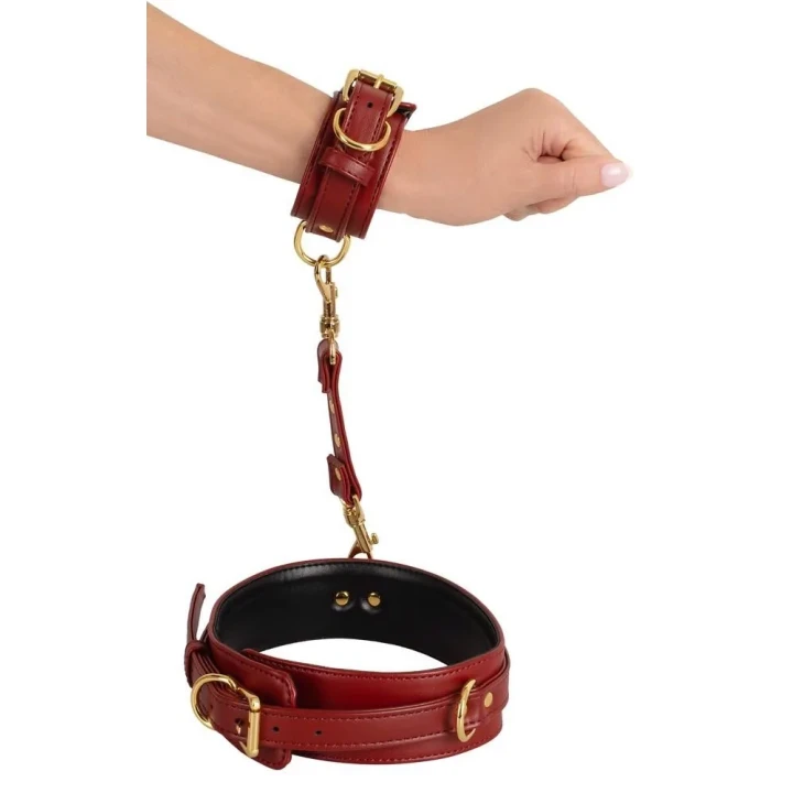 Kajdanki BDSM Bad Kitty do rąk i nóg, regulowane, imitacja skóry, czerwone z metalowymi akcentami